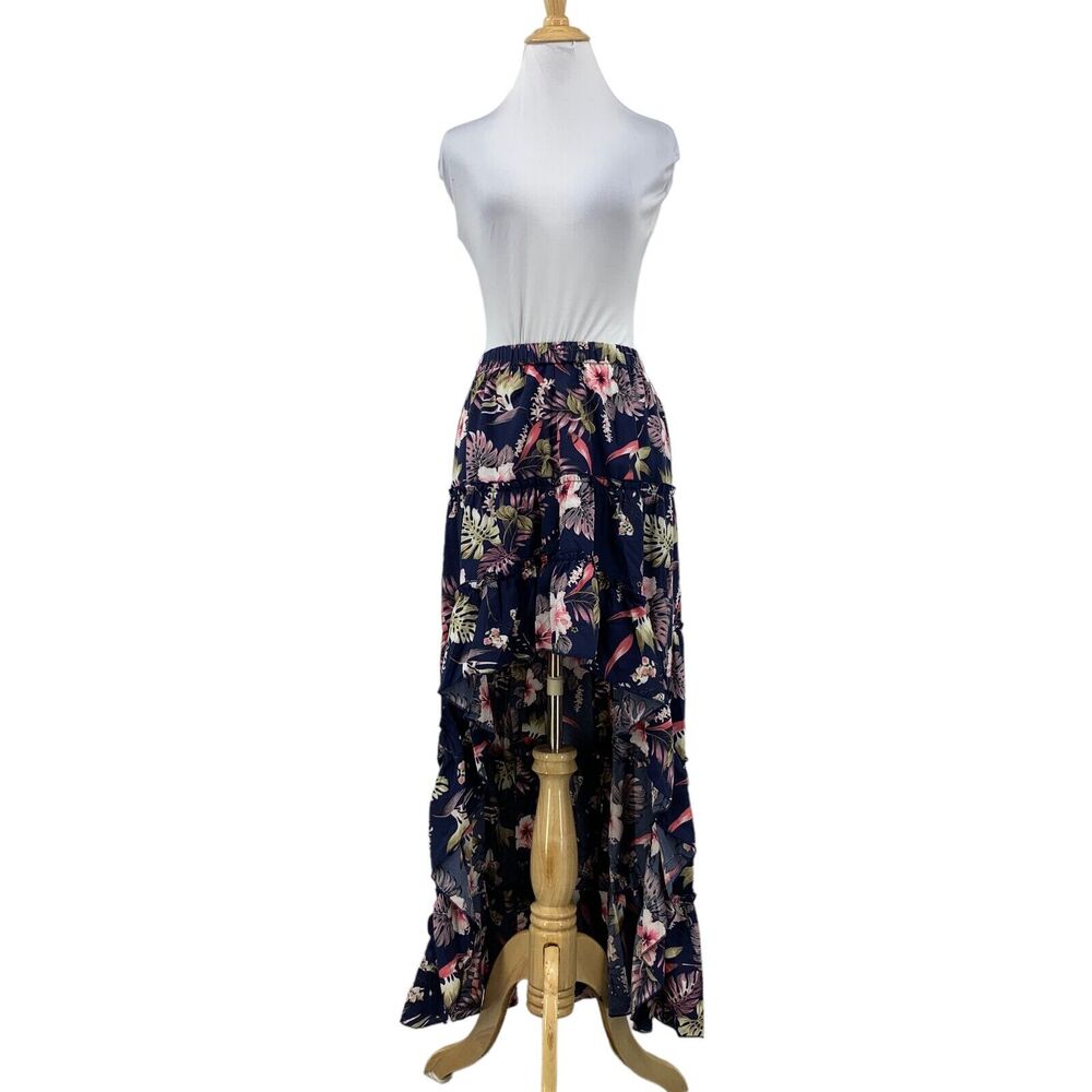 BTFBM Skirt Womens S Navy Multi Floral Elastic Waist Hi Low Tiered Ruffle Hem